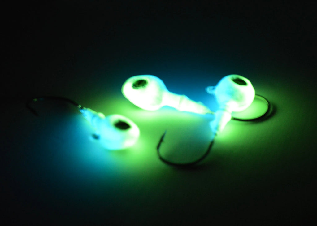 Big Sky Snake Eye 1/4oz Glow Jigs 3/pack Blue Sparkle Top/White Bottom