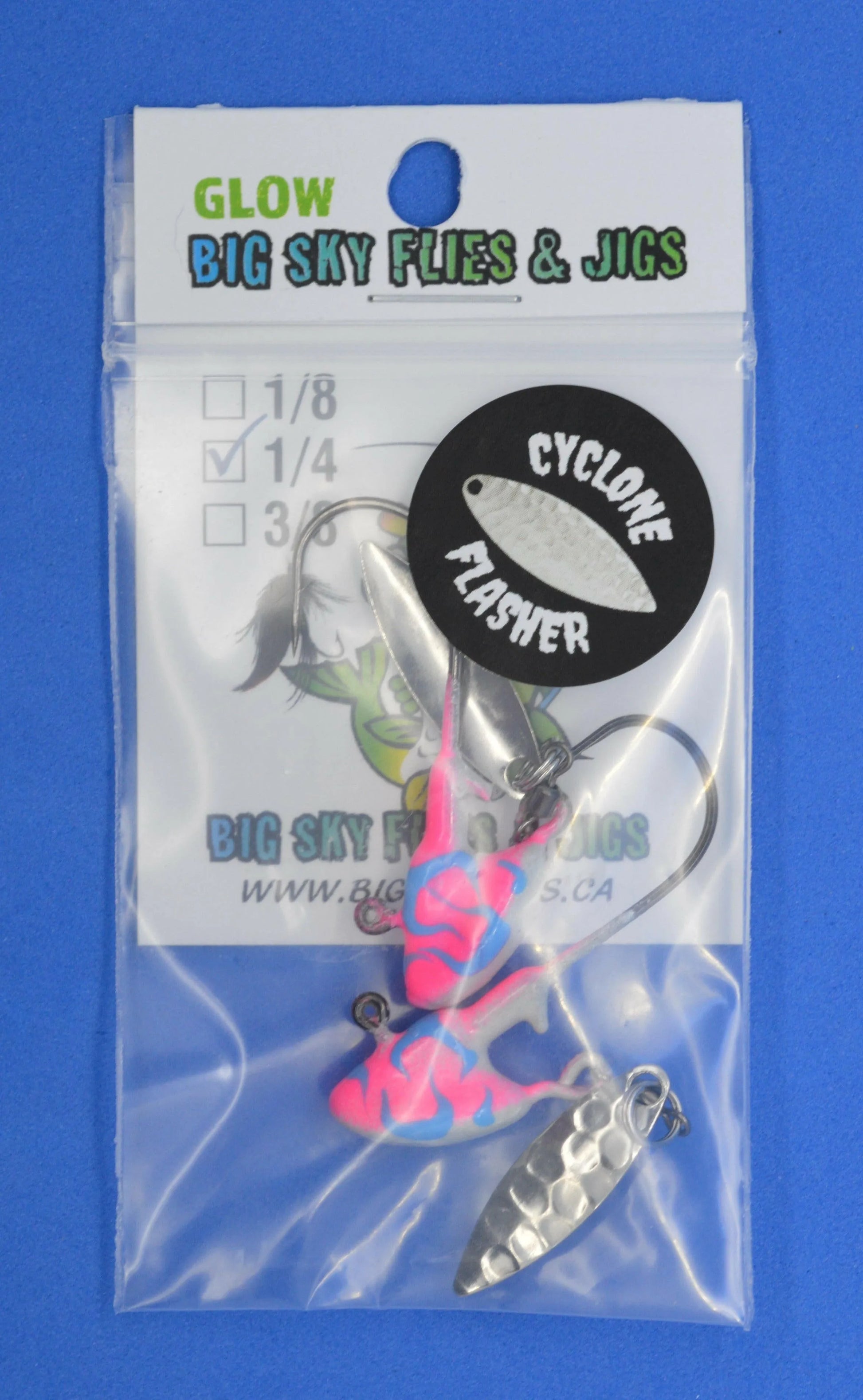Big Sky Deluxe Cyclone Glow Jigs 3/8oz 2/pack White/Pink Splash w/Blue Lines