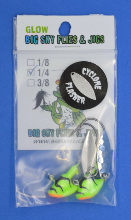 Big Sky Deluxe Cyclone Glow Jigs 3/8oz 2/pack Perch (Lime/Orange mouth/Black Lines)