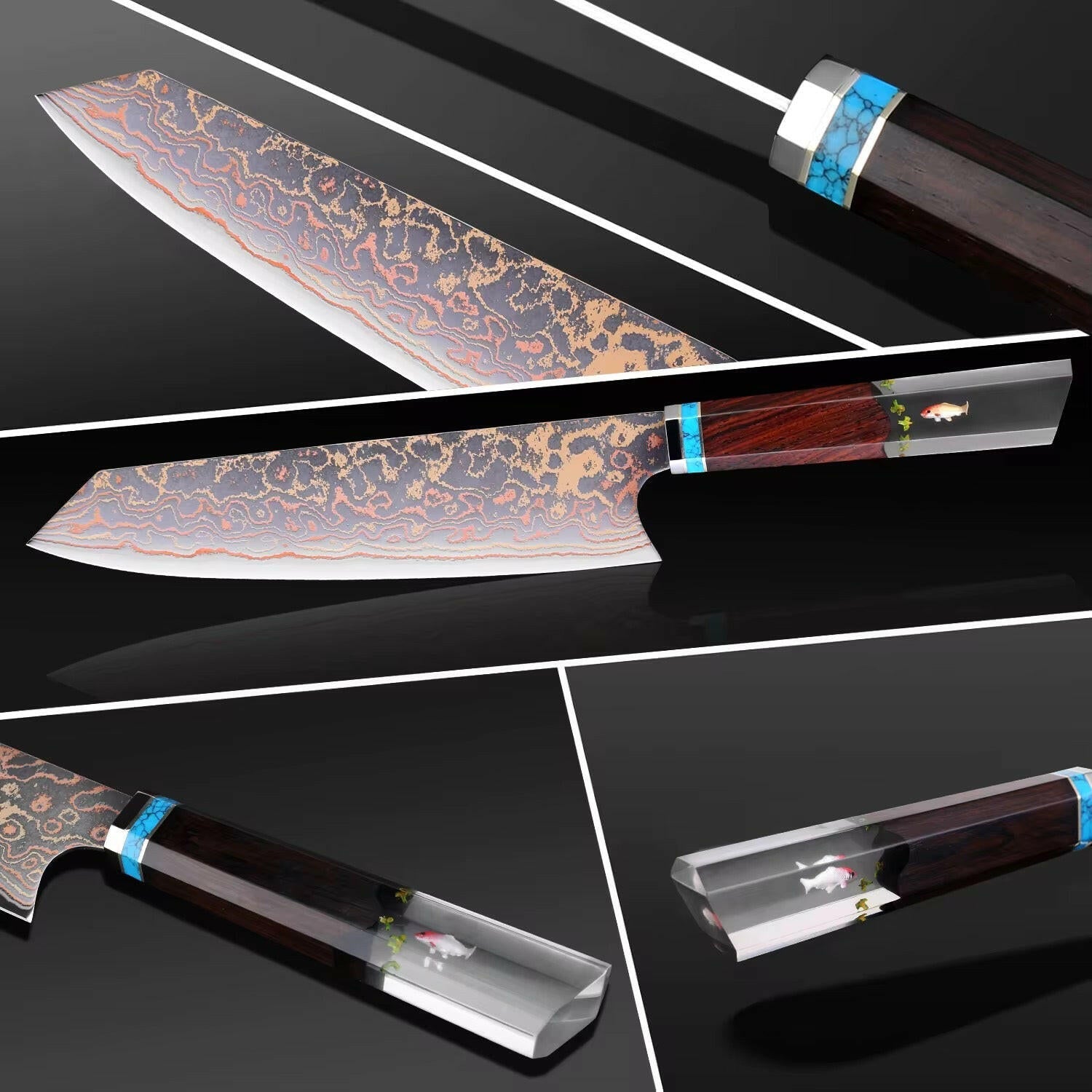 Collage of a decorative knife with a detailed blade and wooden handle on a black background.