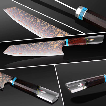 Collage of a decorative knife with a detailed blade and wooden handle on a black background.