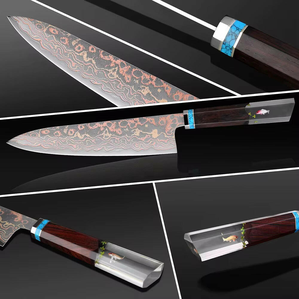 Collage of a decorative knife with a wooden handle and intricate blade design on a black background.
