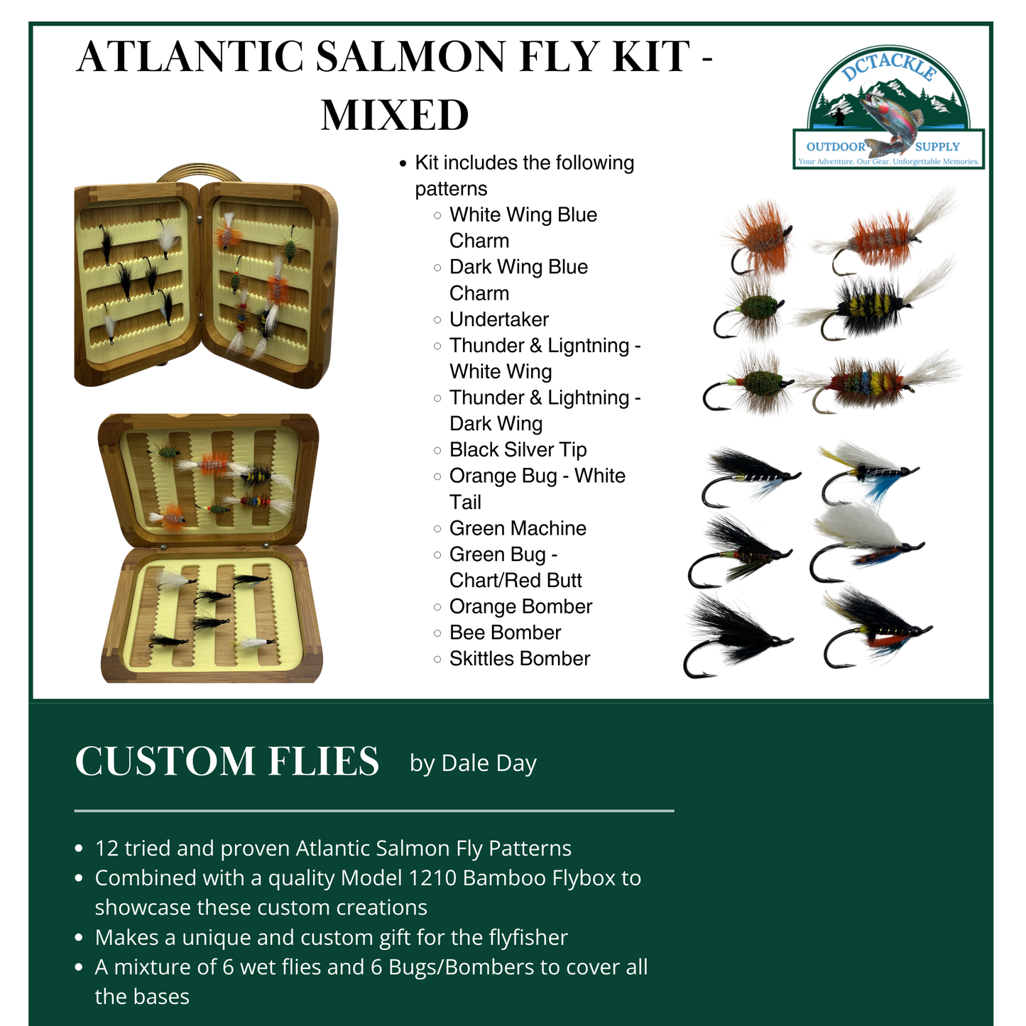 Fly Fishing Kit, Atlantic Salmon Flies, Mixed Wet Flies and Bugs & Bombers, with Bamboo Flybox