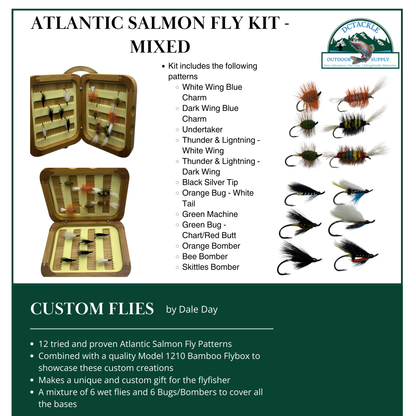 Fly Fishing Kit, Atlantic Salmon Flies, Mixed Wet Flies and Bugs & Bombers, with Bamboo Flybox