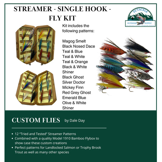 Fly Fishing Kit, Single Hook Streamer, Landlocked Salmon, Bamboo Flybox