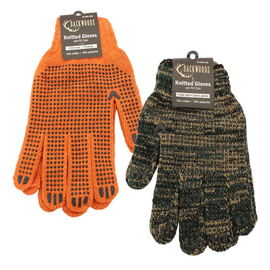 Backwoods Knitted PVC Dotted Gloves One Size Fits All available in Green Camo & Orange