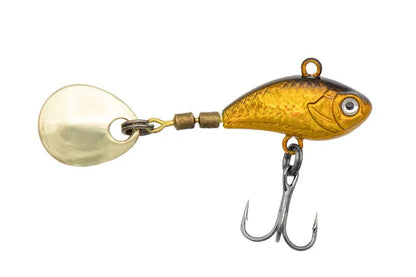 Fishing lure with gold body and gold Colorado spoon on a white background