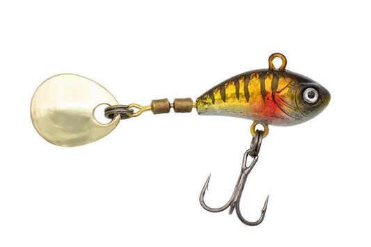 Fishing lure with a colorful body and gold spoon on a white background