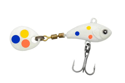 Fishing lure with colorful body and Colorado spoon on a white background