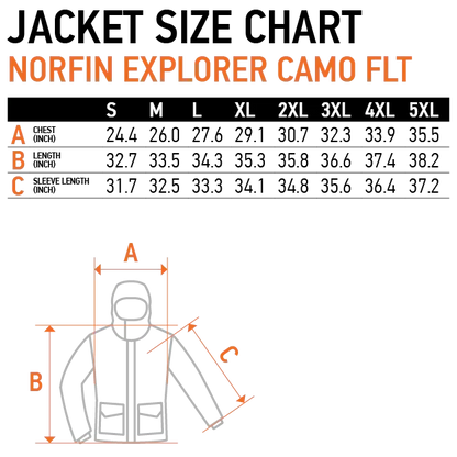 Size chart for Norfin Explorer Camo FLT jacket with measurements in inches.