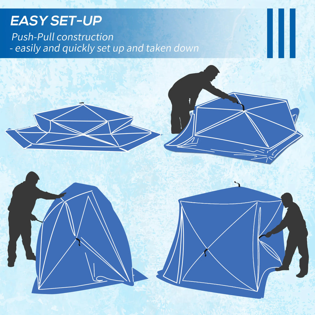 Illustration of a push-pull tent setup process with text on an icy blue background