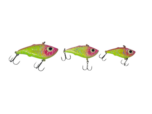 Three colorful fishing lures on a white background