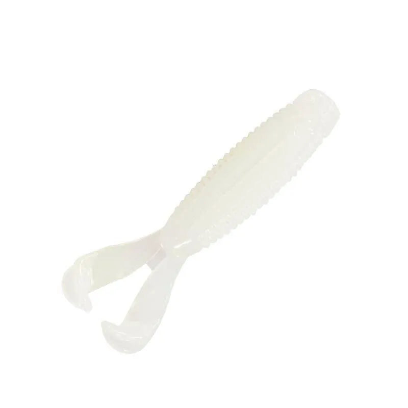 White Glow soft plastic lure on a white background