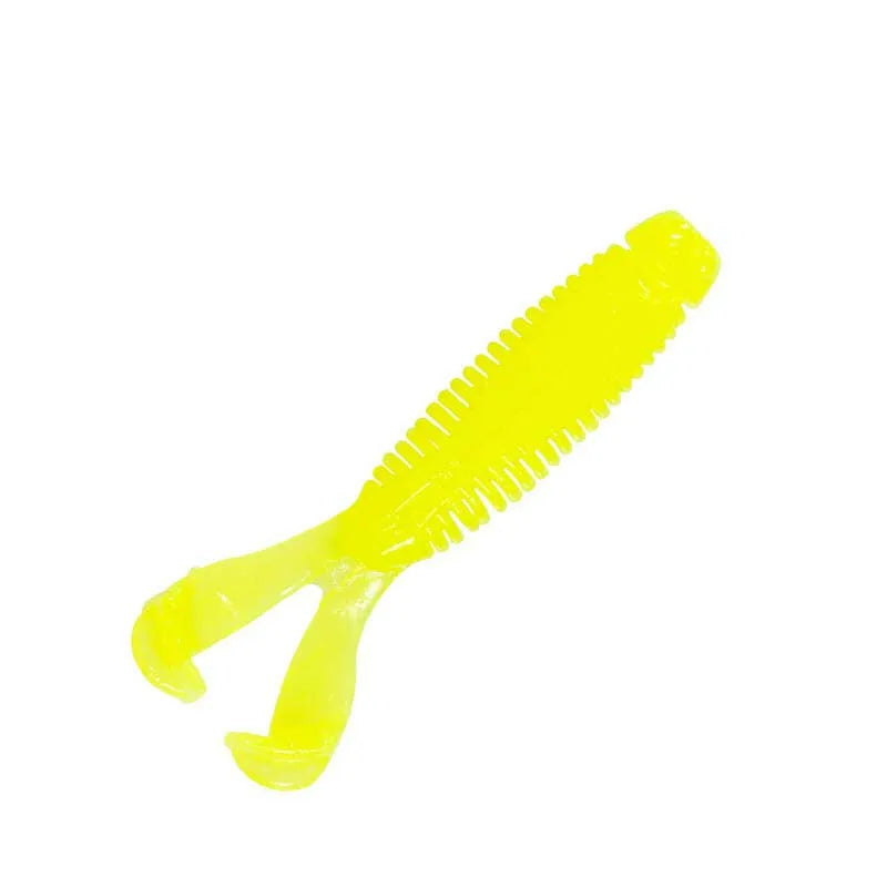 Chartreuse fishing soft plastic lure on a white background