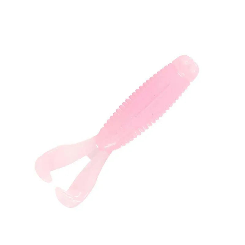 Pink soft plastic lure on a white background
