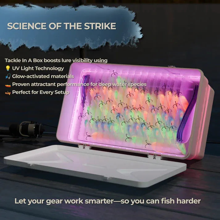 Fishing tackle box with UV light technology on a dark background