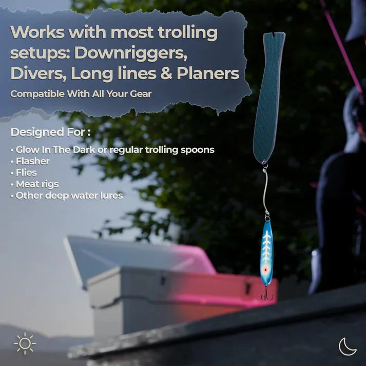 Fishing lure with text about compatibility with trolling setups and gear on a blurred background.
