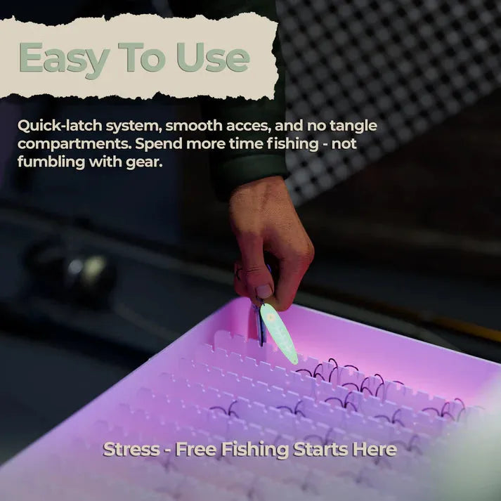 Hand using a quick-latch system on fishing equipment with text about ease of use.