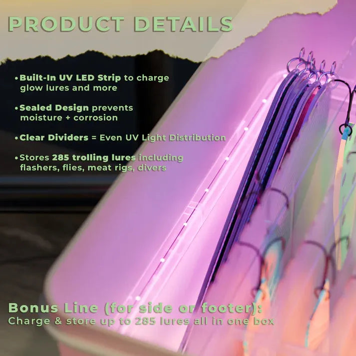 Purple tackle box with UV LED strip and product details text overlay