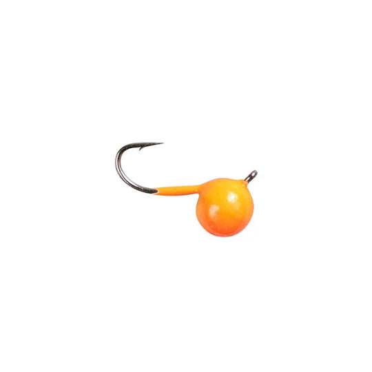 Orange Tungsten fishing lure with a hook on a white background
