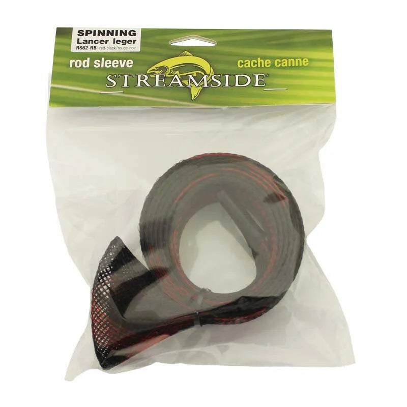 Fishing rod sleeve red and black in packaging with Streamside branding