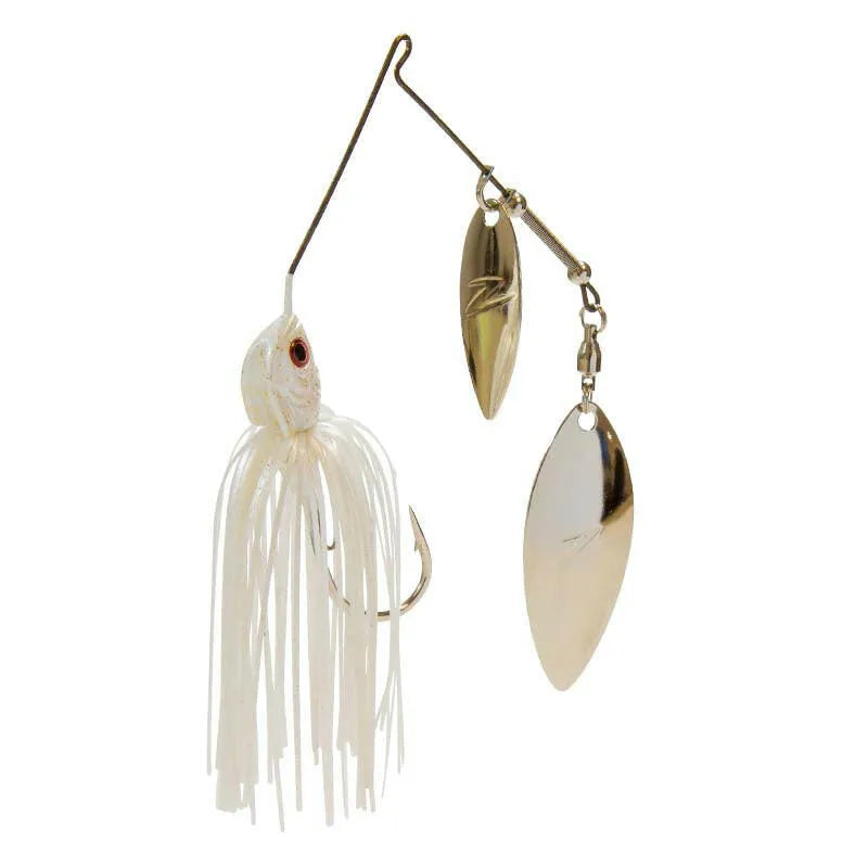 Fishing lure with gold and white components on a white background