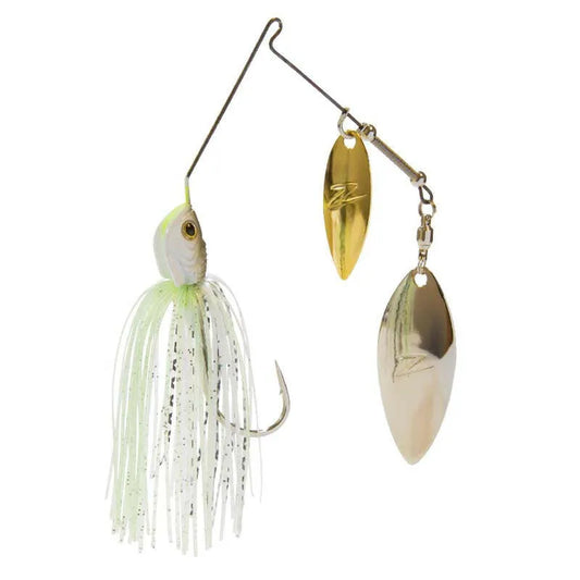 Fishing lure with a spinner and skirt on a white background