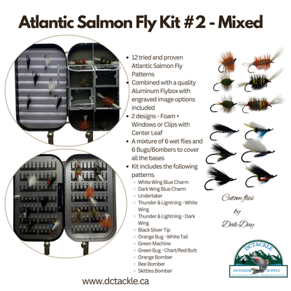 Fly Fishing Kit, Atlantic Salmon Flies, Mixed Selection, with Aluminum Flybox + Engraved Image