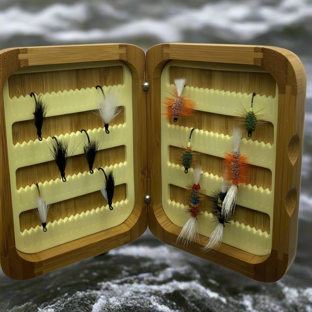 Fly Fishing Kit, Atlantic Salmon Flies, Mixed Wet Flies and Bugs & Bombers, with Bamboo Flybox