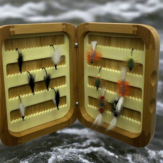 Fly Fishing Kit, Atlantic Salmon Flies, Mixed Wet Flies and Bugs & Bombers, with Bamboo Flybox