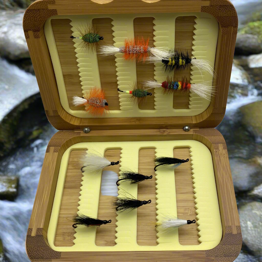 Fly Fishing Kit, Atlantic Salmon Flies, Mixed Wet Flies and Bugs & Bombers, with Bamboo Flybox