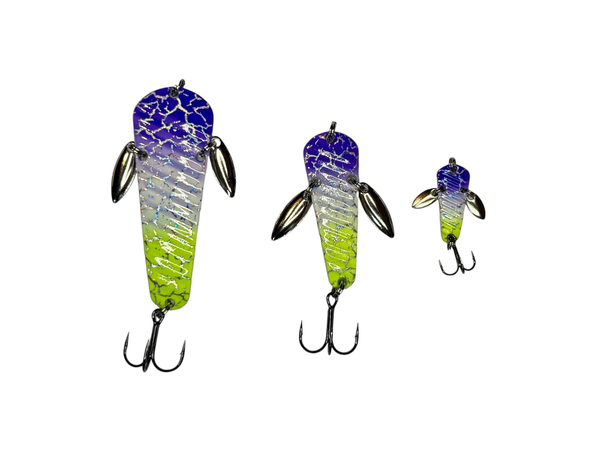 Three fishing lures with gradient colors on a white background