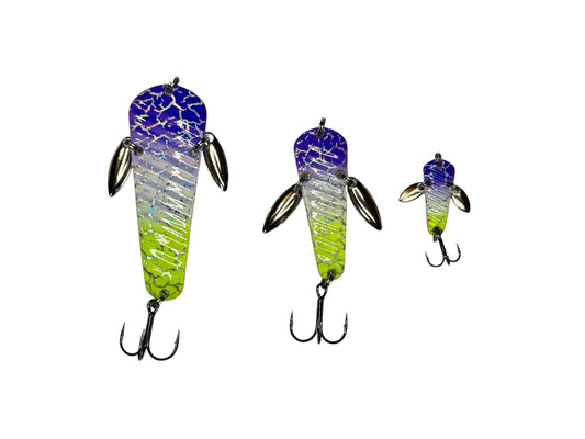 Three fishing lures with gradient colors on a white background