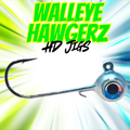 Silver Fishing lure with 'Walleye Hawgerz HD Jigs' text on a colorful background