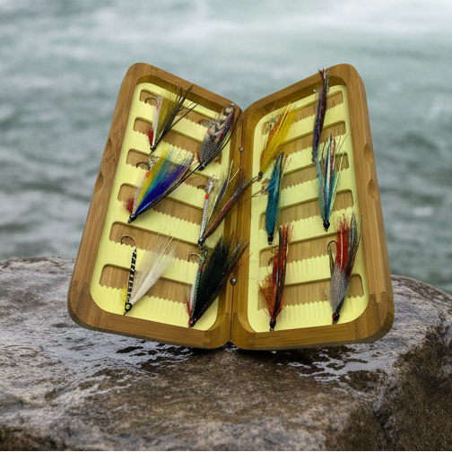 Fly Fishing Kit, Single Hook Streamer, Landlocked Salmon, Bamboo Flybox