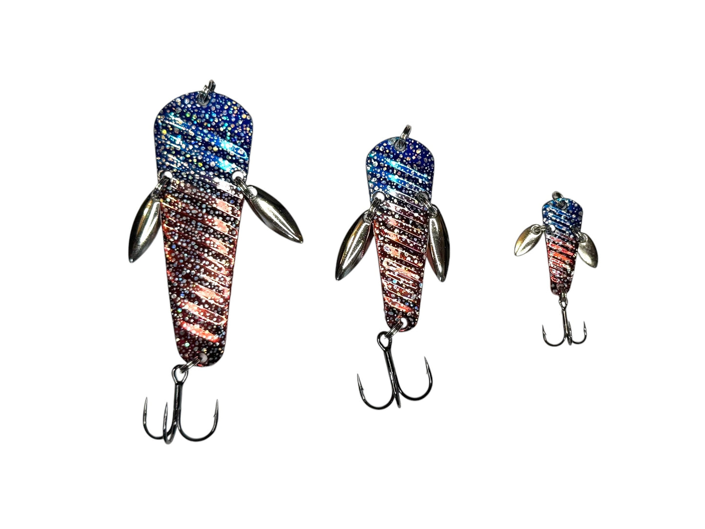 Three colorful fishing lures on a white background