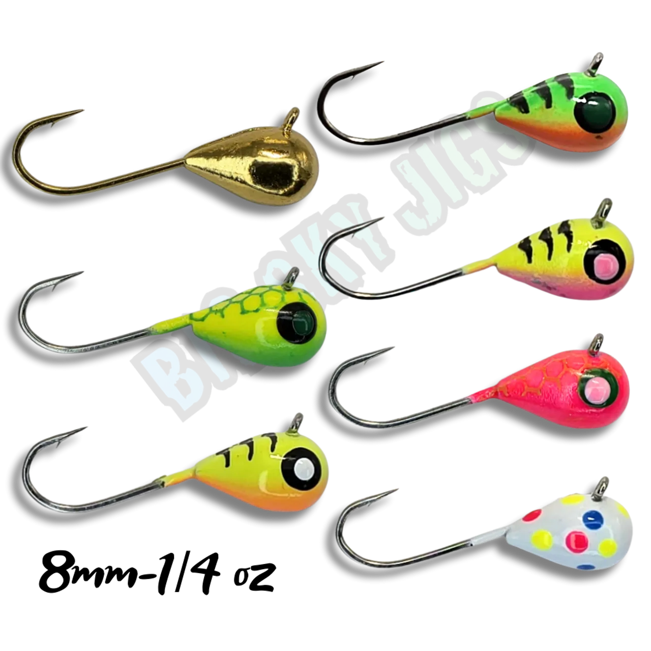 Colorful fishing jigs with various patterns on a white background