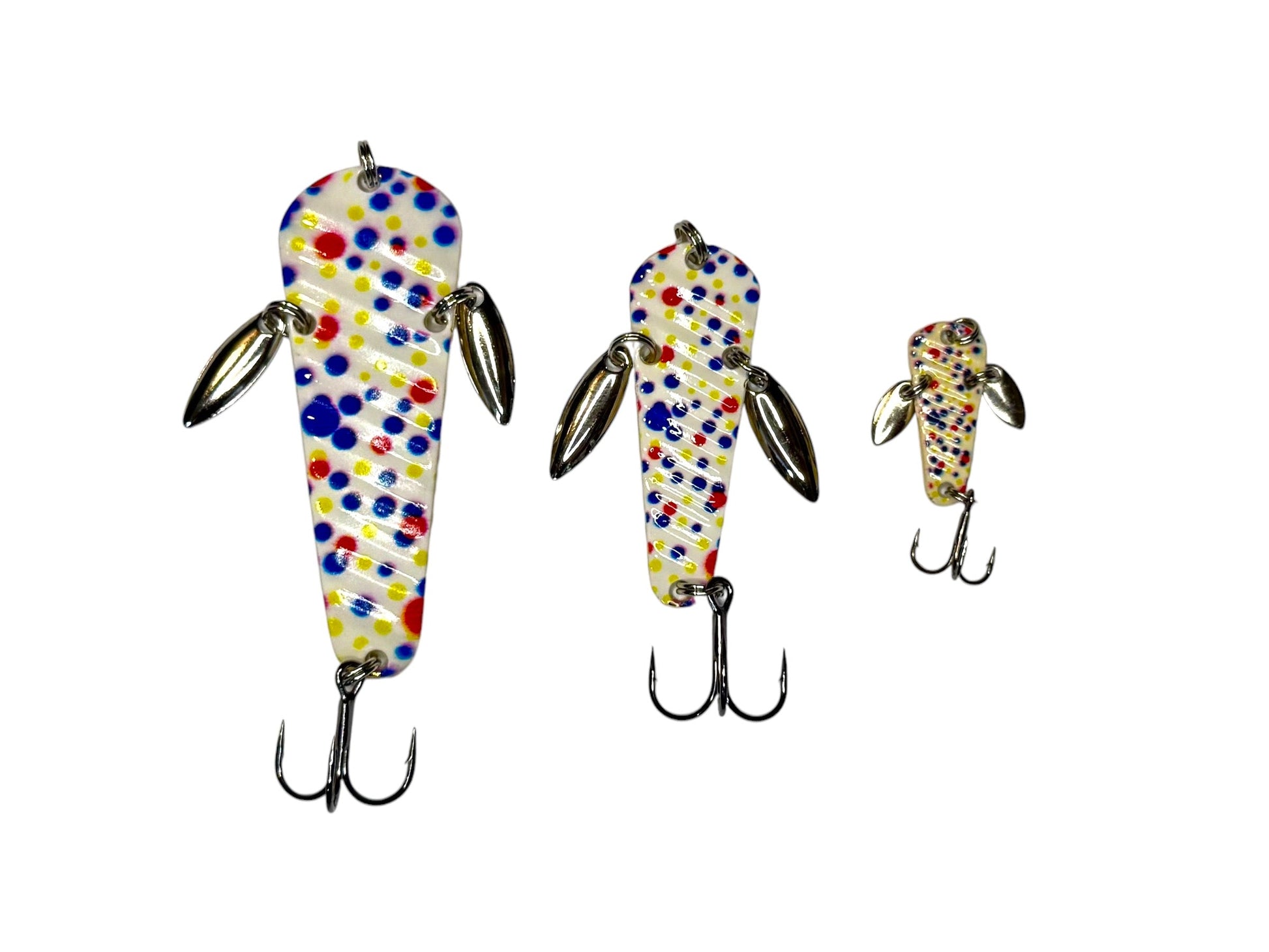 Three colorful wonderbread fishing lures on a white background