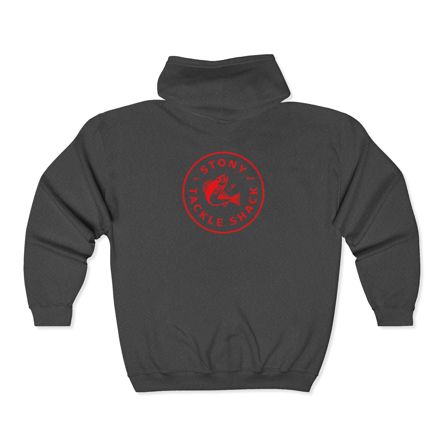 Dark gray hoodie with red logo on a white background