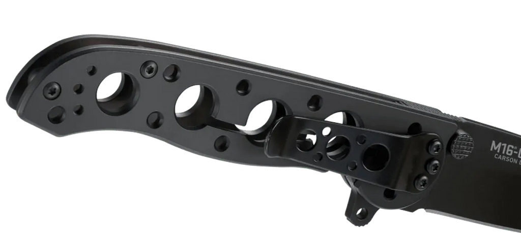 Black tactical knife handle with M16-14 marking on a clear background