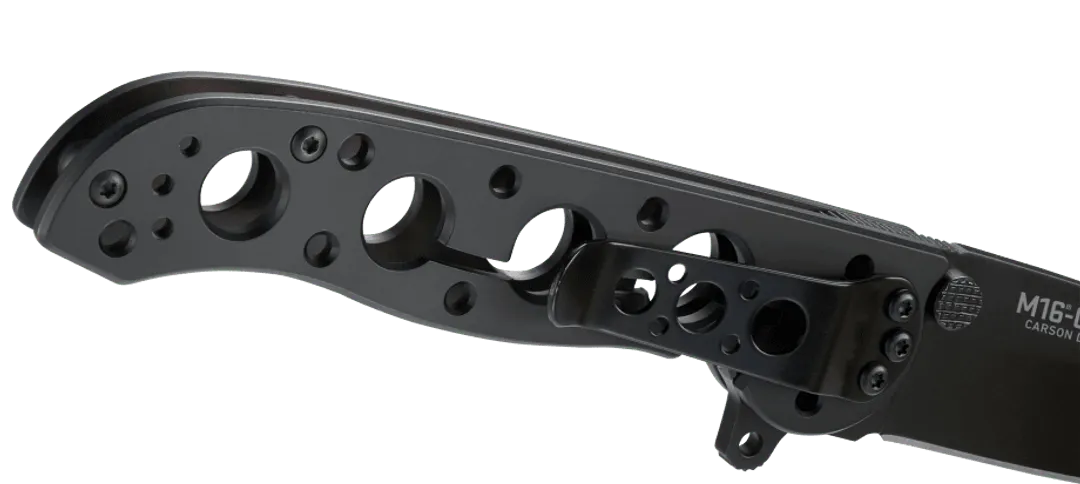 Black tactical knife handle with M16-14 marking on a clear background