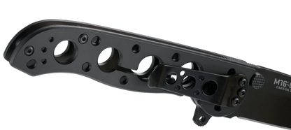 Black tactical knife handle with M16-14 marking on a clear background