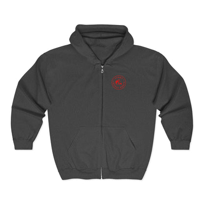 Dark gray hoodie with a red logo on the chest against a white background