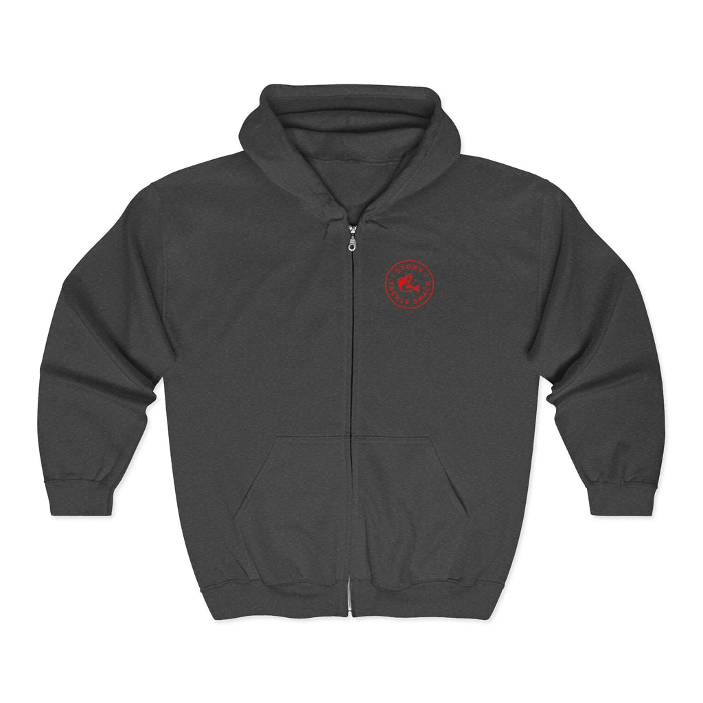Dark gray hoodie with a red logo on the chest against a white background