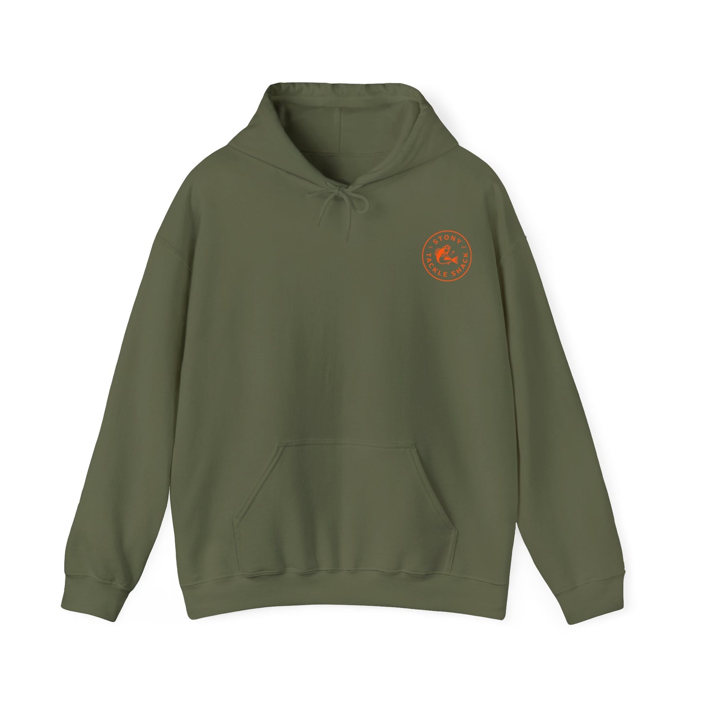 Green hoodie with a logo on the chest against a white background