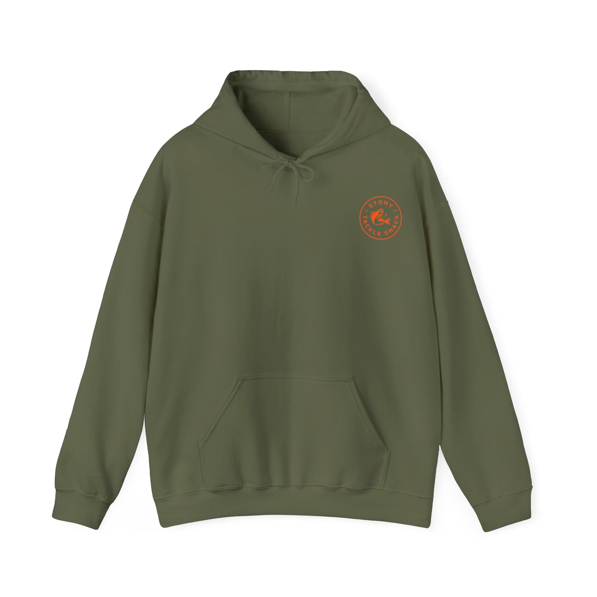 Green hoodie with a logo on the chest against a white background