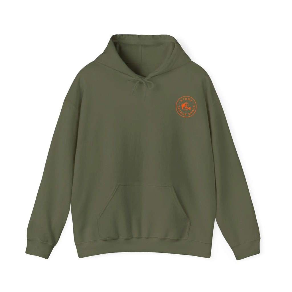 Green hoodie with a logo on the chest against a white background