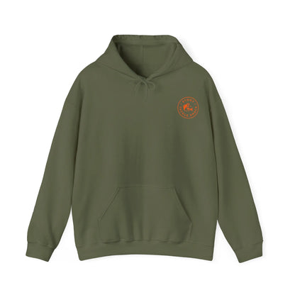 Green hoodie with a logo on the chest against a white background