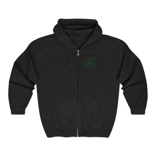 Black hoodie with a green logo on a white background