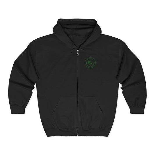 Black hoodie with a green logo on a white background